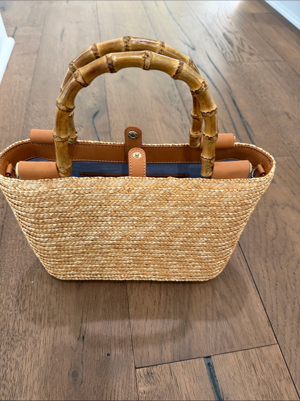 Woven Straw Tote with Bamboo Handles - Natural